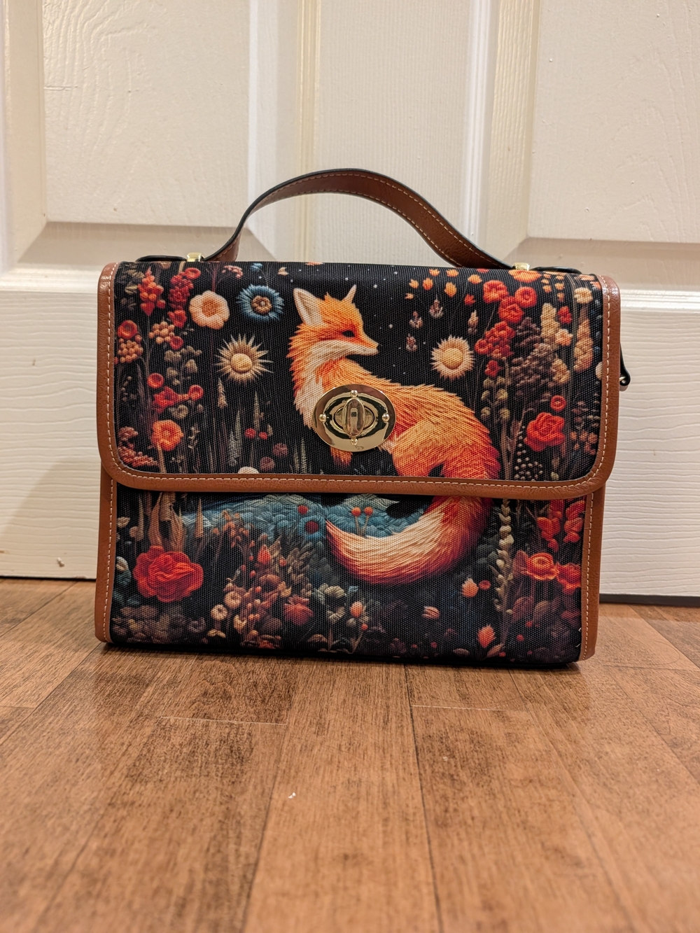 Fox Garden Print Top-Handle Women's Bag in Black and Brown
